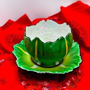 Lotus Leaf Cabbagey Antique Hand Painted Japanese Lustreware Cup and Saucer